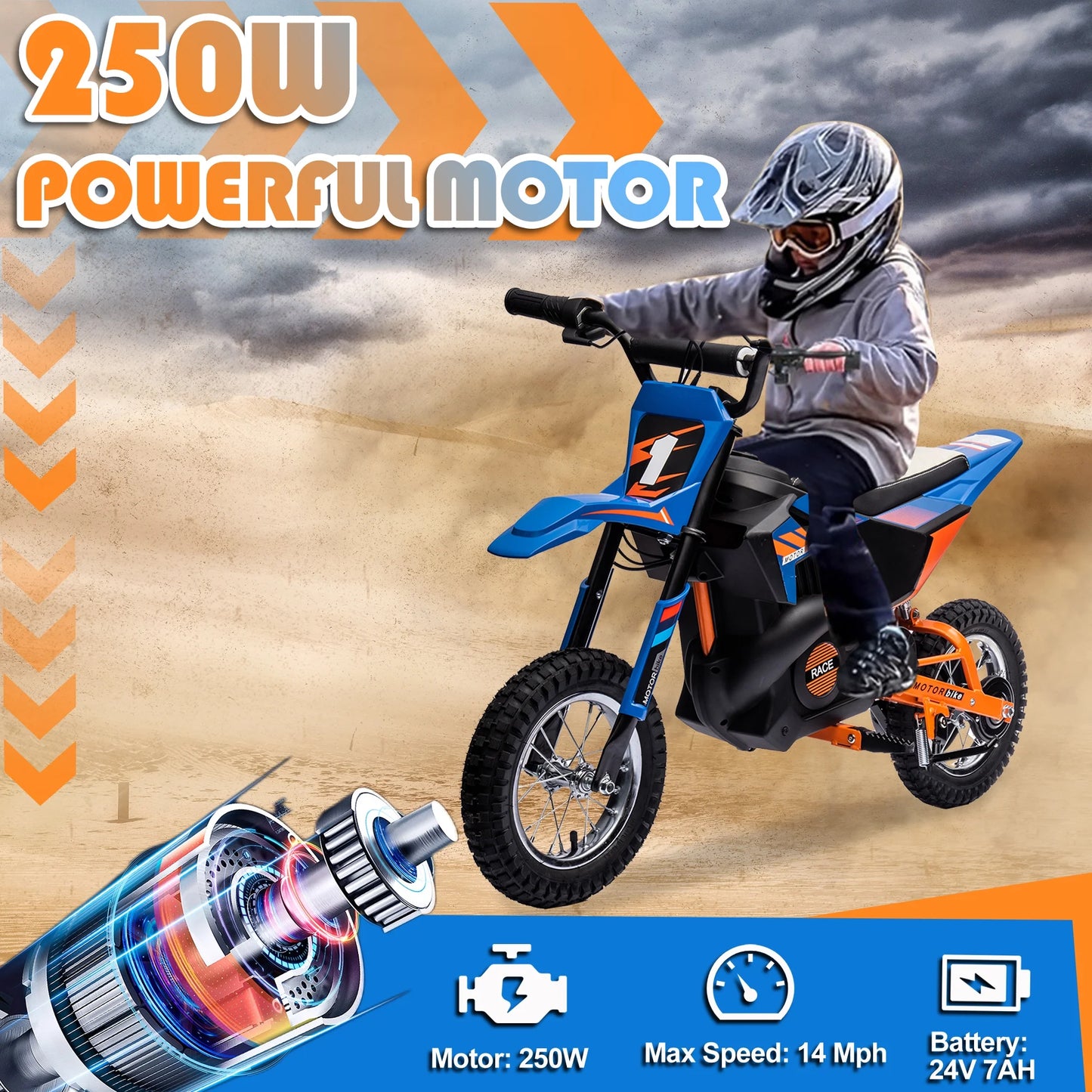 24V Powered Electric Dirt Bike for Kids, 250W Ride on Dirt Motorcycle, Twist Grip Throttle, Hand-Operated Rear Brake, Rear Wheel Suspension, Electric Dirt Motorcycle for Boys Girls 13+, Blue