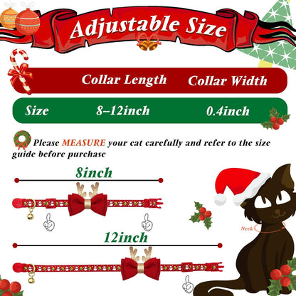 2 Pack Christmas Cat Collar with Bells Christmas Cat Bowtie with Christmas Tree and Santa Claus Pattern Xmas Breakaway Cat Collar Size Adjustable from 8"-12"